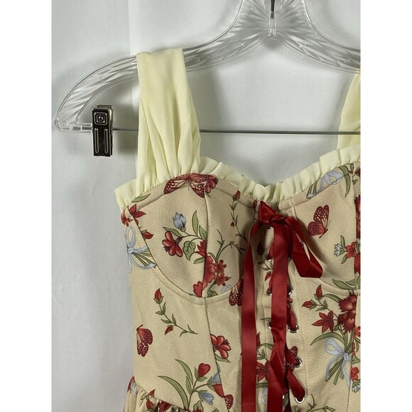 Women’s German Style Cosplay Dress Sz S Red Florals Tie Bodice Puff Off Shoulder - Picture 2 of 16